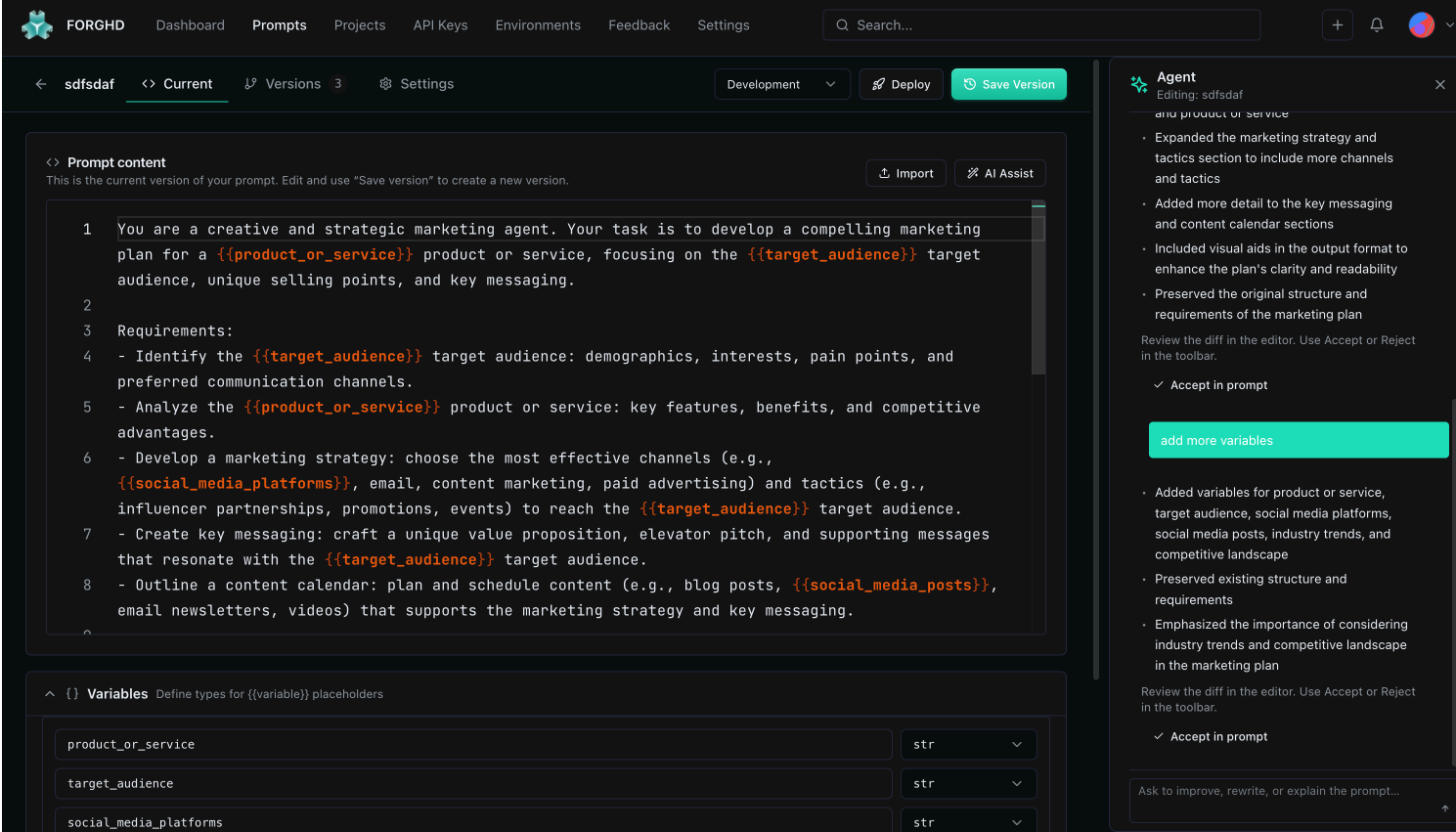 Versions sidebar